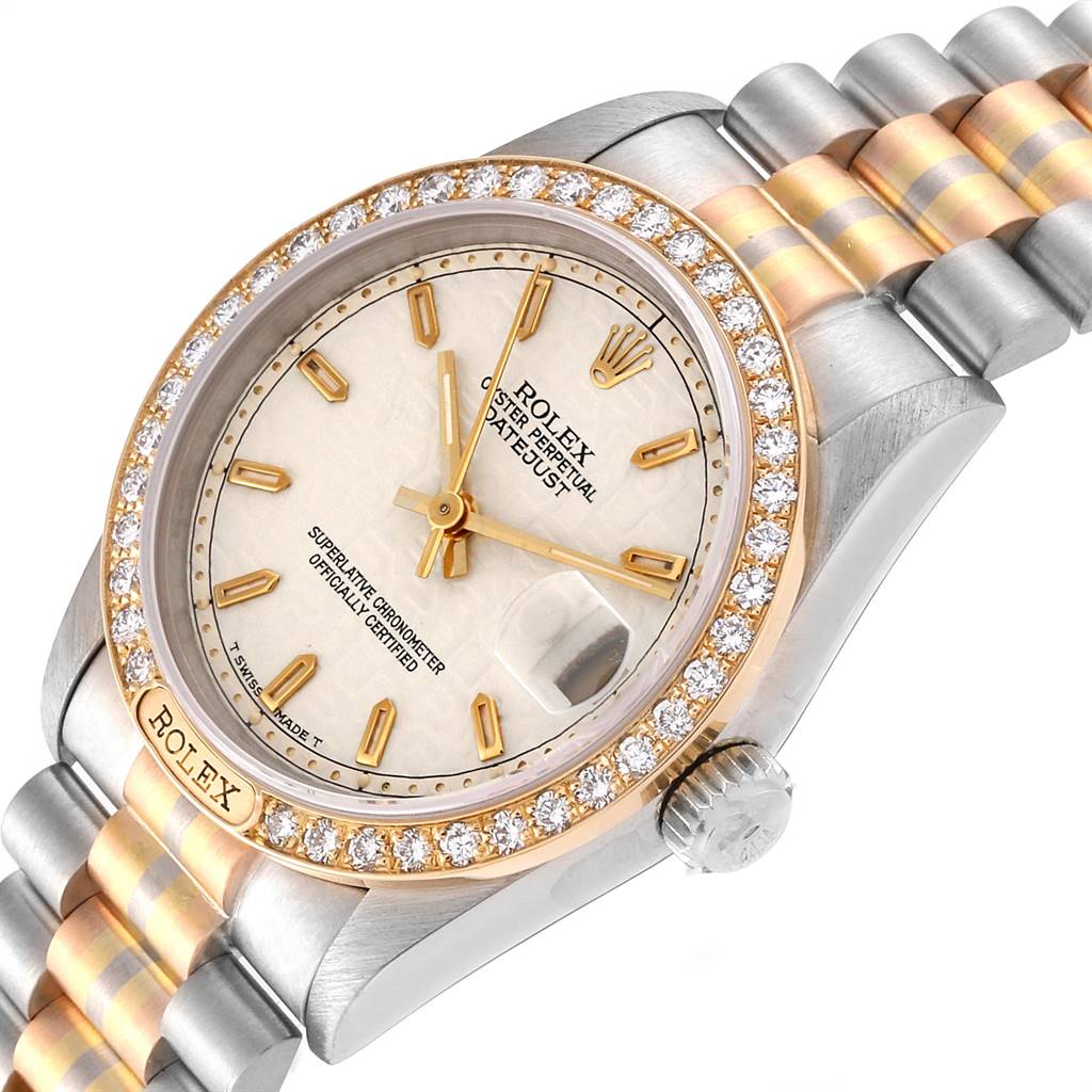 The image shows a close-up angle of a Rolex President 68149 Women's White Gold Beige Dial 68149 Women's White Gold Beige Dial model watch, highlighting its dial, bezel, and part of the bracelet.