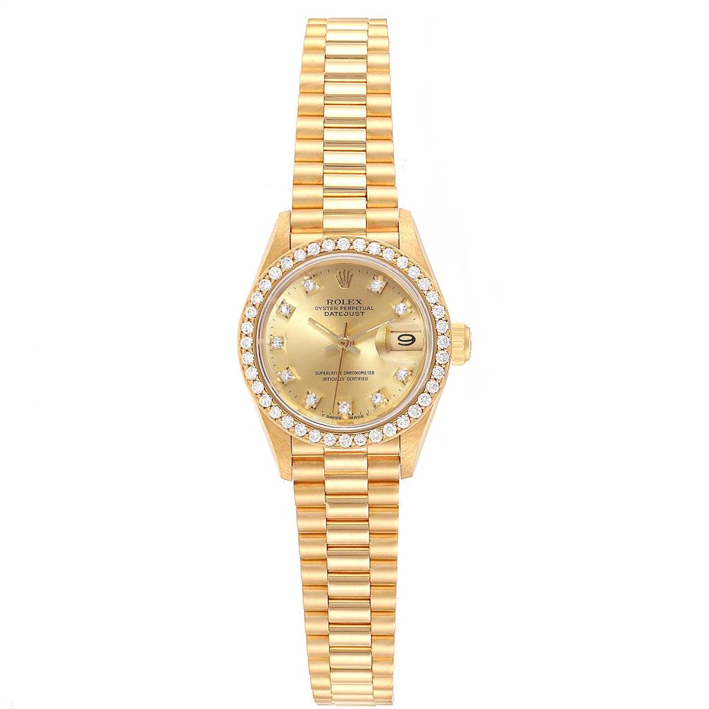 This image shows the front view of a Rolex President 69138 Women
s Yellow Gold Champagne Dial 69138 Women
s Yellow Gold Champagne Dial model watch, highlighting its bracelet, dial, and diamond bezel.
