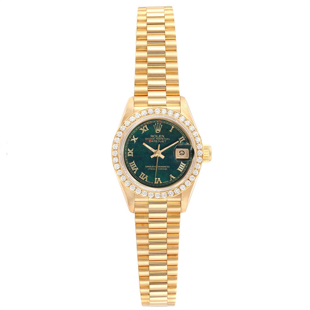 The image shows a front view of the Rolex President 69138 Women's Yellow Gold Champagne Dial 69138 Women's Yellow Gold Champagne Dial model watch, displaying its face, bracelet, and bezel.