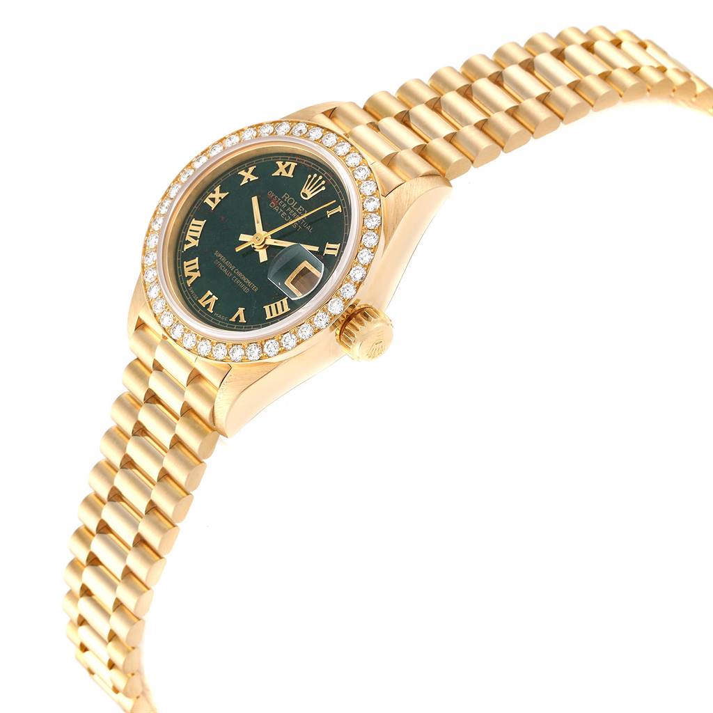 The Rolex President 69138 Women's Yellow Gold Champagne Dial 69138 Women's Yellow Gold Champagne Dial watch model is depicted at an angle showcasing the face, bezel, crown, and part of the bracelet.
