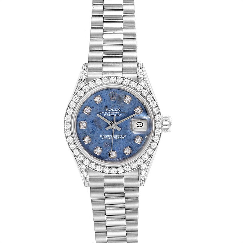 Rolex President Datejust White Gold Sodalite Diamond Ladies Watch 69159 SwissWatchExpo