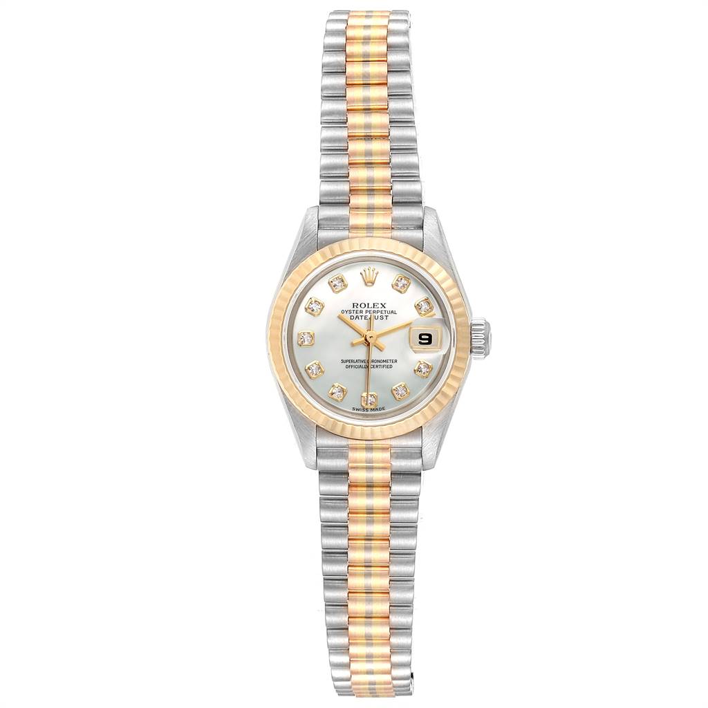 The image shows a frontal view of the Rolex President 79179 Women's White Gold Mother of Pearl Dial 79179 Women's White Gold Mother of Pearl Dial model watch, highlighting the dial, bezel, and two-tone bracelet.