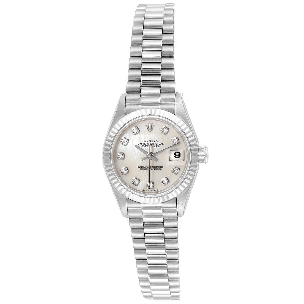 The image shows a front view of the Rolex President 69179 Women's White Gold Silver Dial 69179 Women's White Gold Silver Dial model watch, displaying the face, bezel, and bracelet.