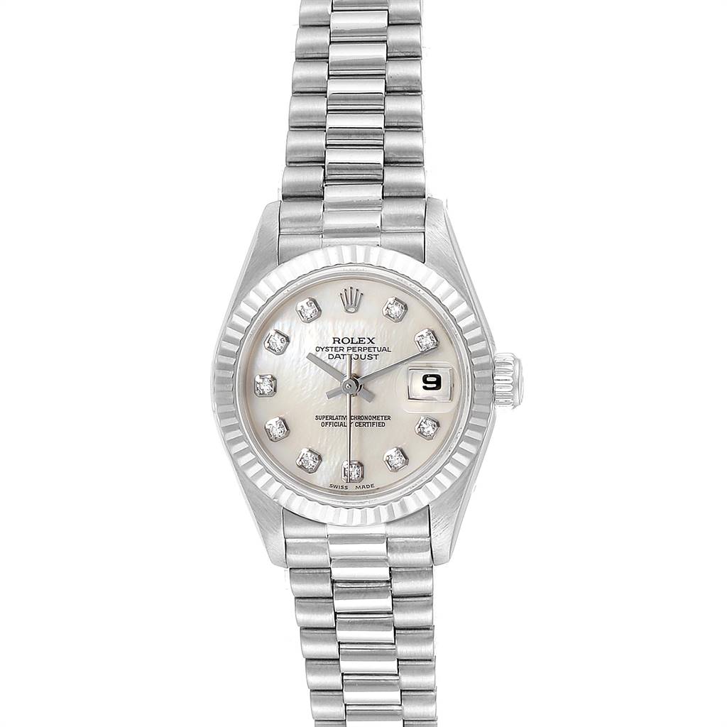 The image shows a Rolex President 69179 Women's White Gold Silver Dial 69179 Women's White Gold Silver Dial model watch from a front view, highlighting its dial, bracelet, and date feature.