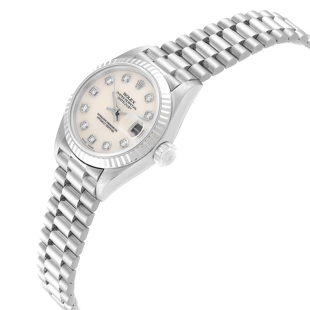 The Rolex President 69179 Women's White Gold Silver Dial 69179 Women's White Gold Silver Dial model watch is shown at a 3/4 angle, displaying the face, bezel, crown, and part of the bracelet.