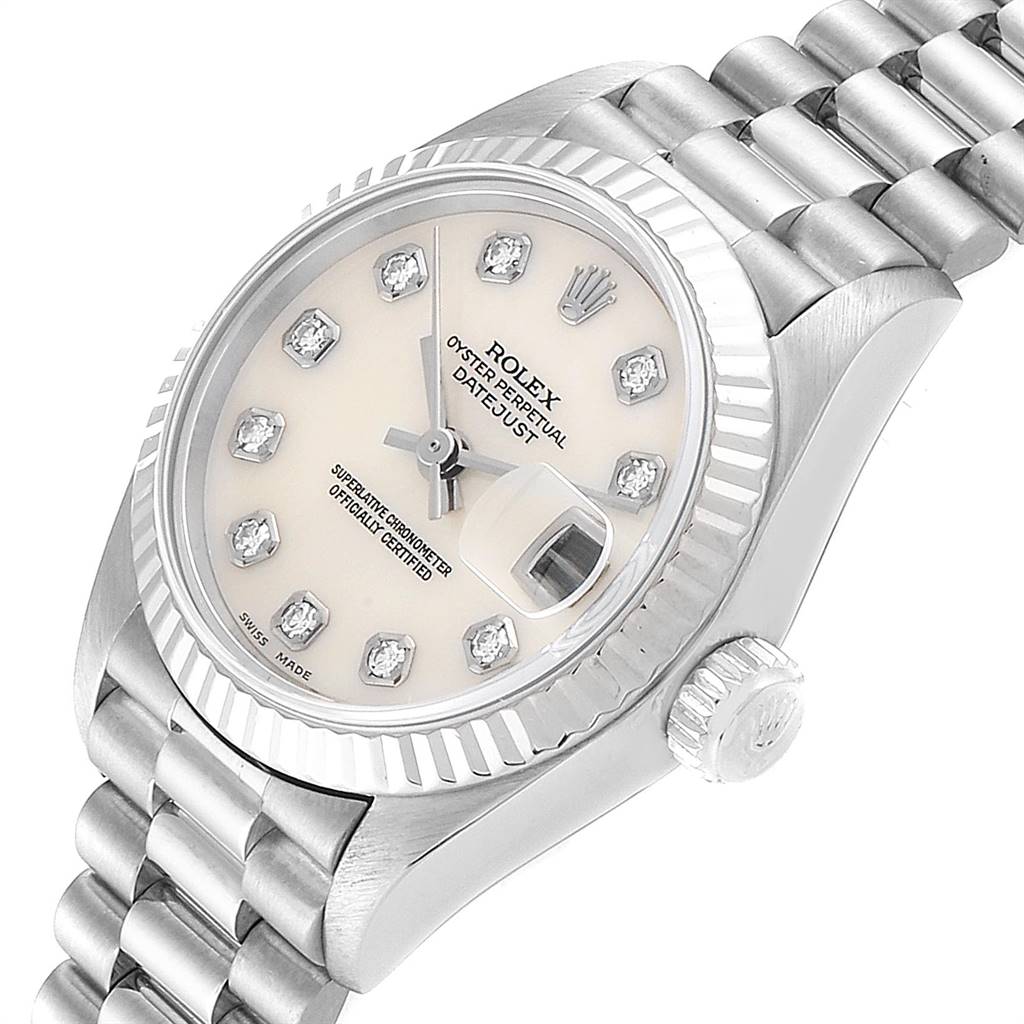 The Rolex President 69179 Women's White Gold Silver Dial 69179 Women's White Gold Silver Dial model watch is shown at an angled view, highlighting the dial, bezel, and part of the bracelet.