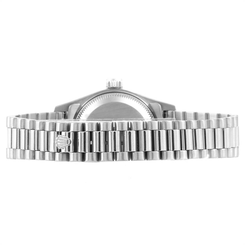This image shows the back and bracelet of a Rolex President 69179 Women's White Gold Silver Dial 69179 Women's White Gold Silver Dial model watch.