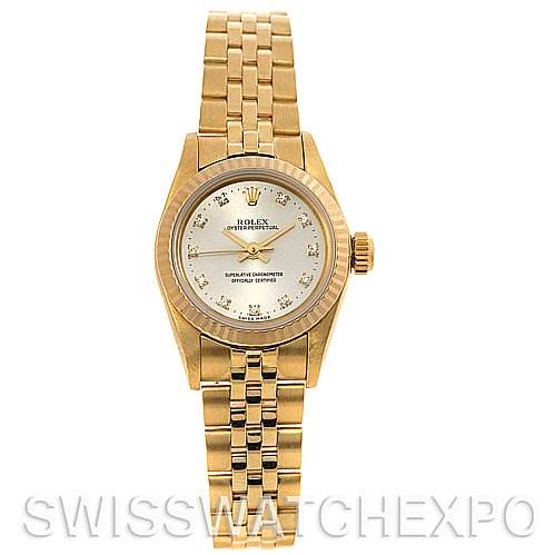 This image shows a Rolex President 67197 Women's Yellow Gold Silver Dial 67197 Women's Yellow Gold Silver Dial model watch from a frontal angle, highlighting its dial, bezel, crown, and bracelet.