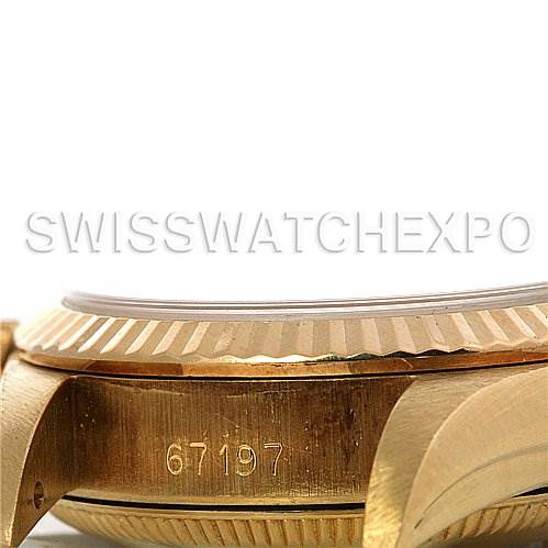 This image shows a side view of the gold case and fluted bezel of a Rolex President 67197 Women's Yellow Gold Silver Dial 67197 Women's Yellow Gold Silver Dial model watch, highlighting the model number 67197.