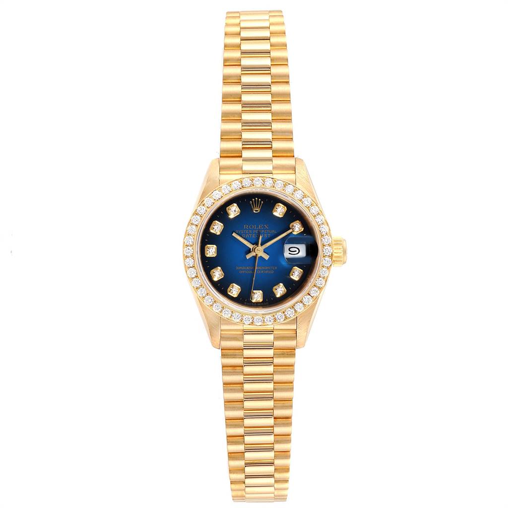 The image shows a front view of a Rolex President 69138 Women's Yellow Gold Blue Dial 69138 Women's Yellow Gold Blue Dial model watch, highlighting the bracelet, bezel, dial, and date window.