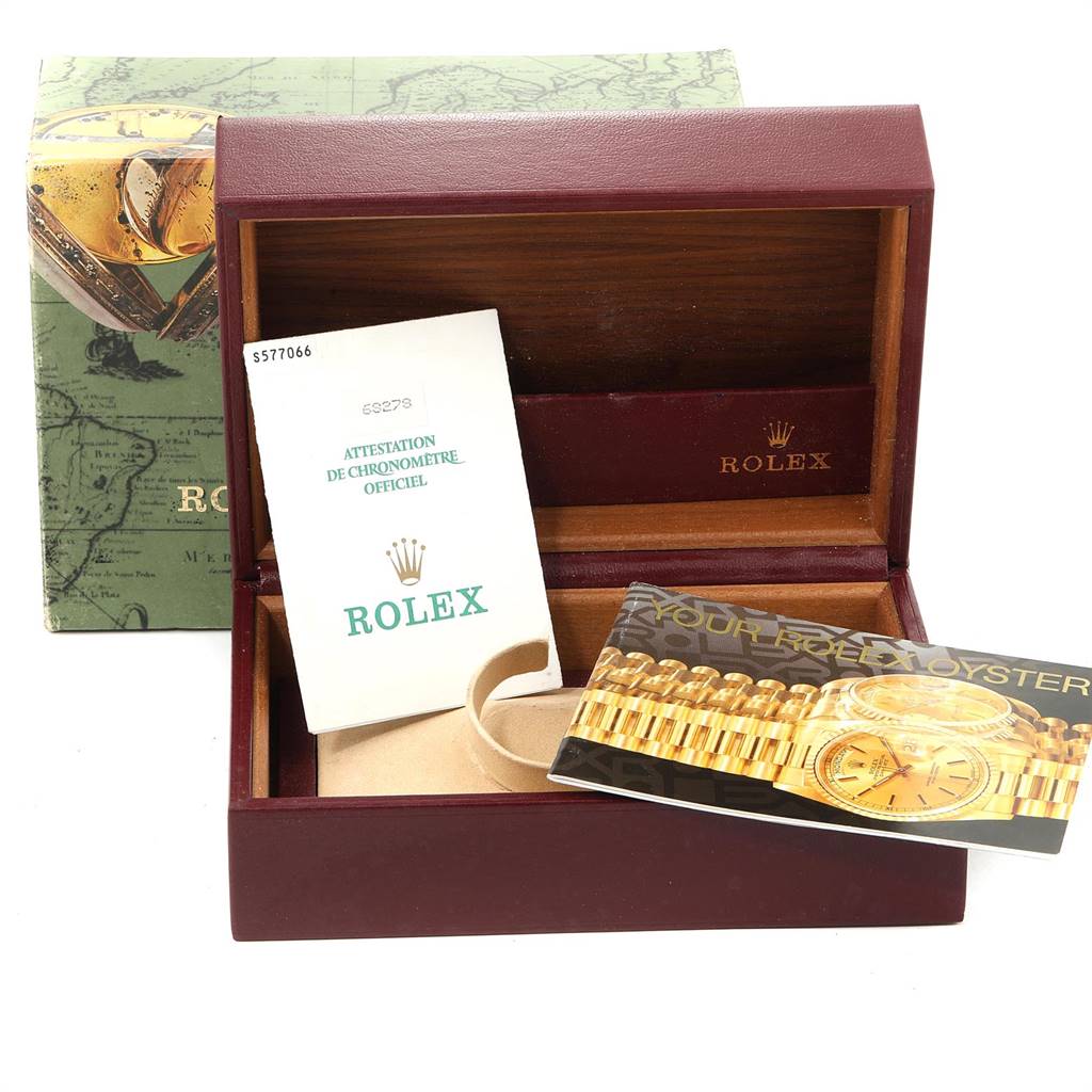 The image shows a Rolex President 68278 Women's Yellow Gold White Dial 68278 Women's Yellow Gold White Dial model watch box with official documents and booklets.