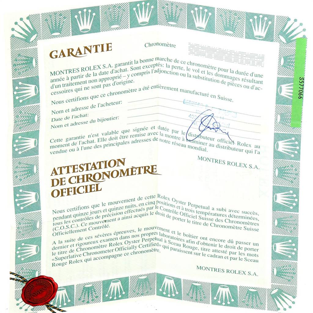 The image shows a warranty document for the Rolex President 68278 Women's Yellow Gold White Dial 68278 Women's Yellow Gold White Dial model watch from an angled top-down view.