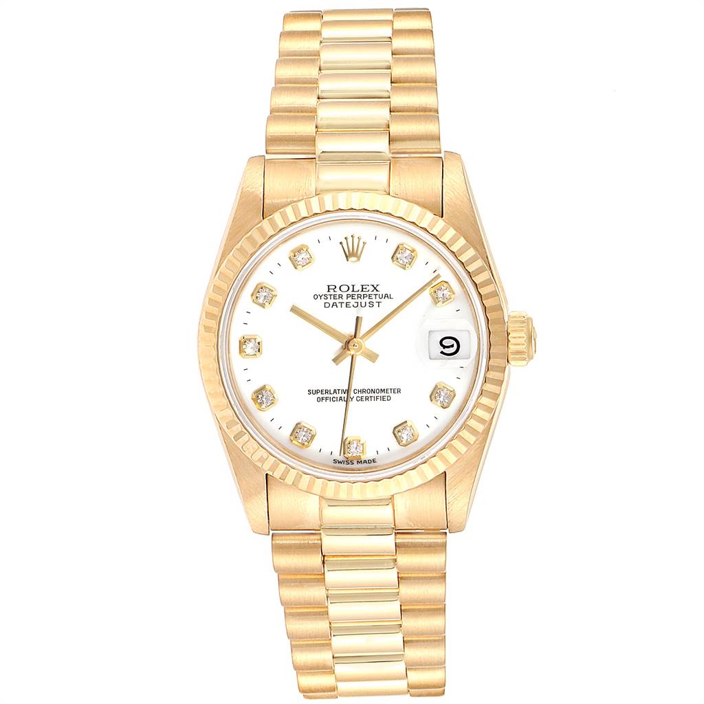The image shows a Rolex President 68278 Women's Yellow Gold White Dial 68278 Women's Yellow Gold White Dial model watch from the front, displaying the dial, hands, date window, and bracelet.