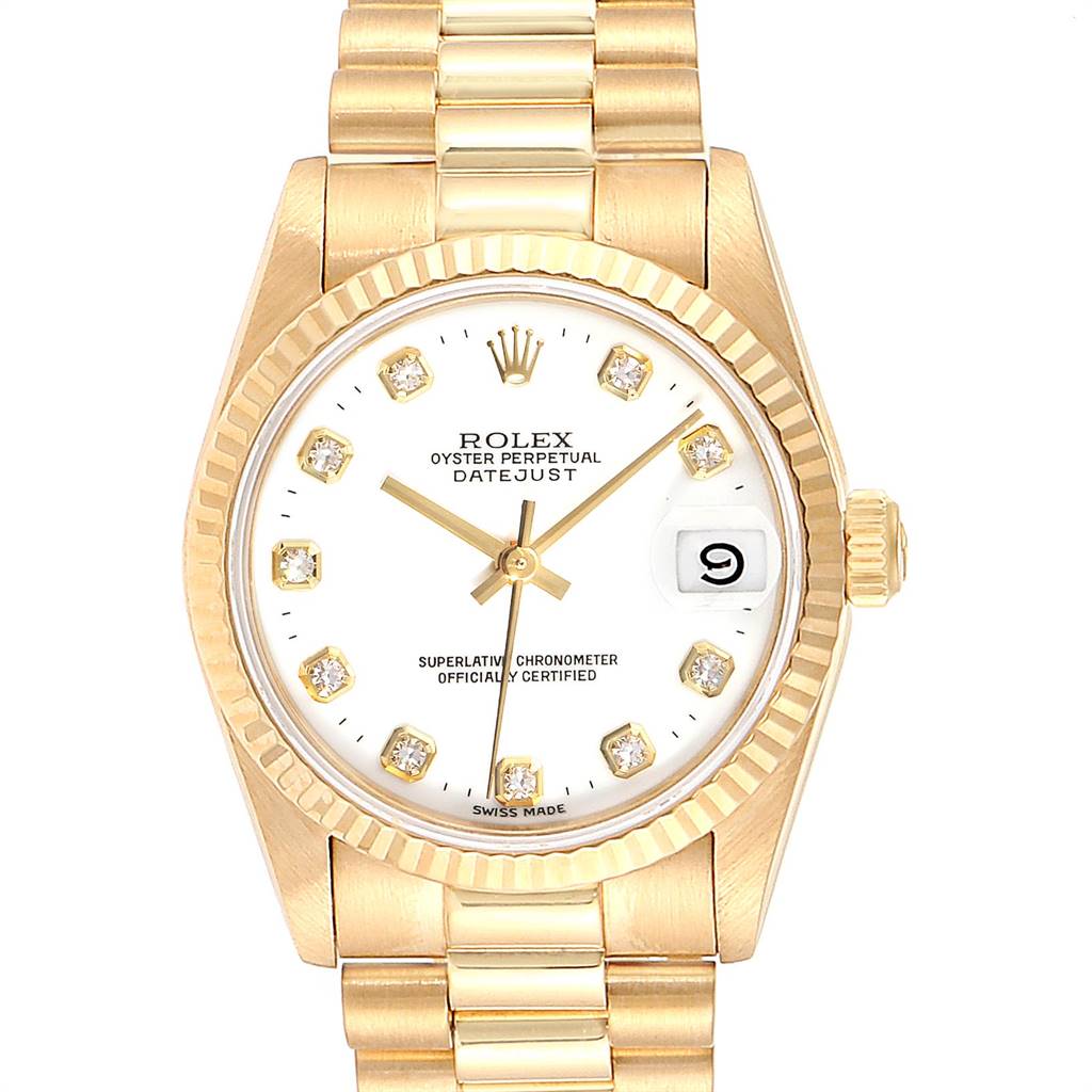 This image shows a front view of a Rolex President 68278 Women's Yellow Gold White Dial 68278 Women's Yellow Gold White Dial model watch, highlighting the face, bracelet, and crown.
