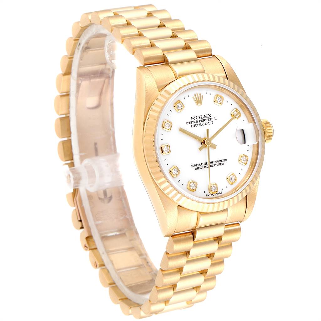 The image shows a Rolex President 68278 Women's Yellow Gold White Dial 68278 Women's Yellow Gold White Dial model watch from a three-quarter side angle, displaying the bracelet, case, and face.