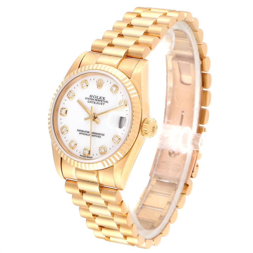 The image shows a gold Rolex President 68278 Women's Yellow Gold White Dial 68278 Women's Yellow Gold White Dial Datejust watch angled slightly to the right, highlighting its bracelet, dial, and bezel.