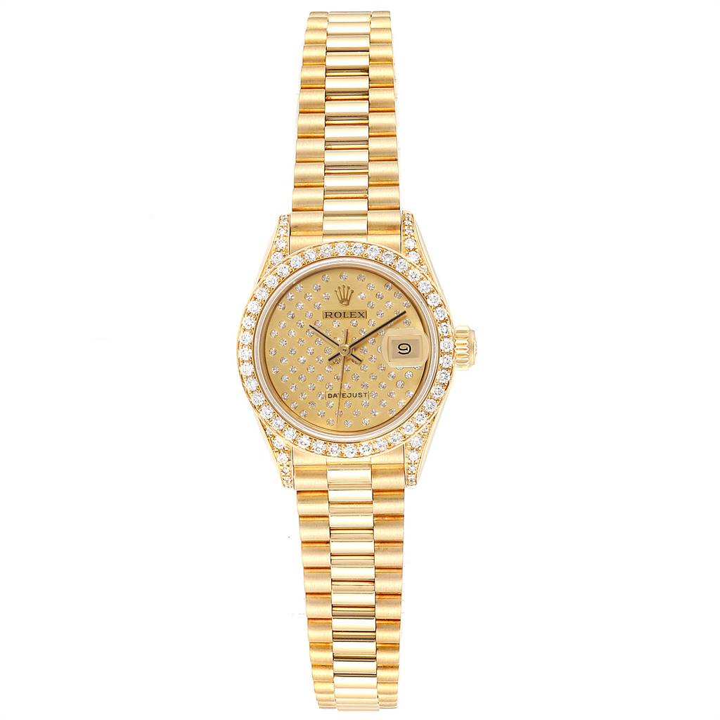 This image shows a Rolex President 69038 Women
s Yellow Gold Champagne Dial 69038 Women
s Yellow Gold Champagne Dial model watch from a front angle, featuring its gold band, embellished dial, and diamond-studded bezel.