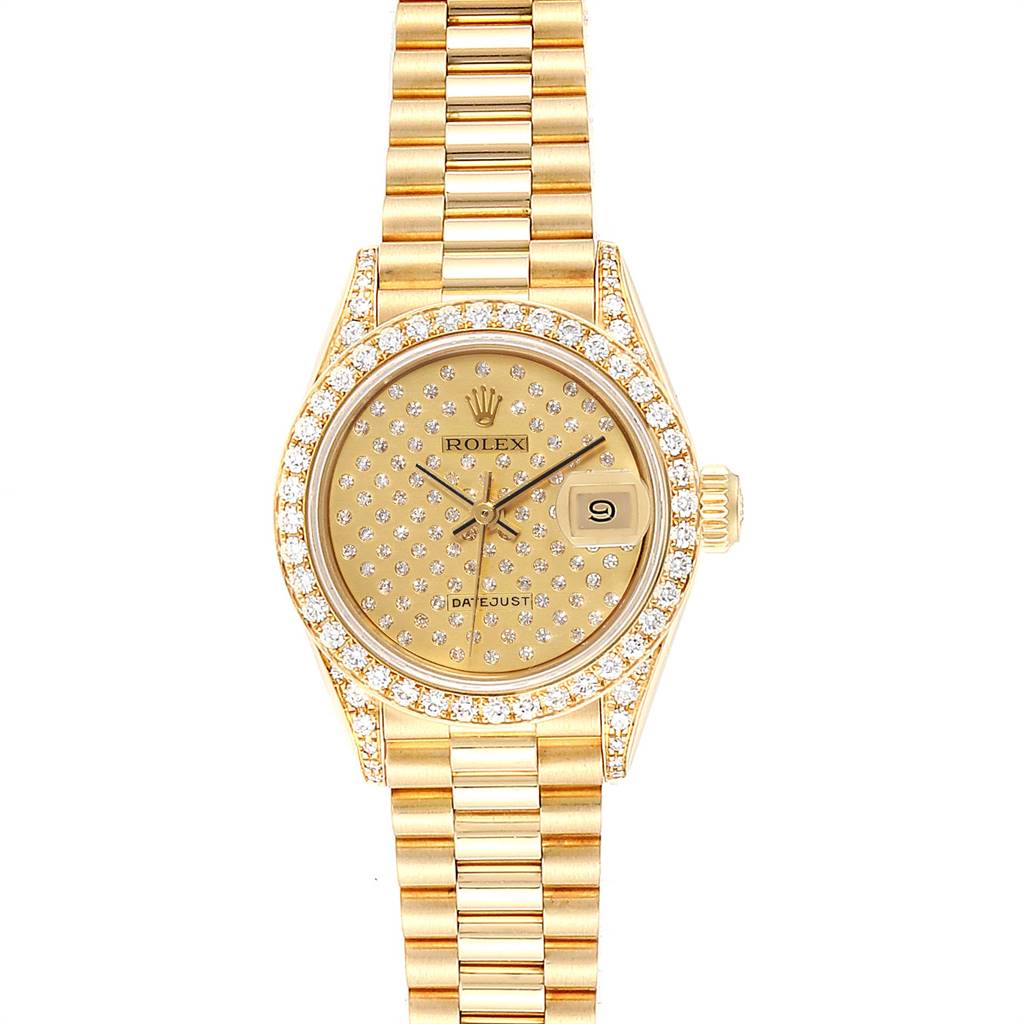 This image shows a frontal view of a Rolex President 69038 Women
s Yellow Gold Champagne Dial 69038 Women
s Yellow Gold Champagne Dial model watch, highlighting its face, bezel, and bracelet.