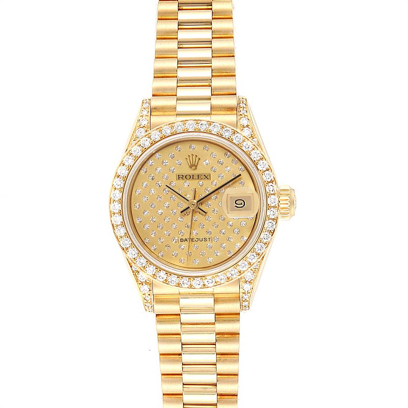 Rolex President Datejust Yellow Gold Pave Diamond Ladies Watch 69038 SwissWatchExpo