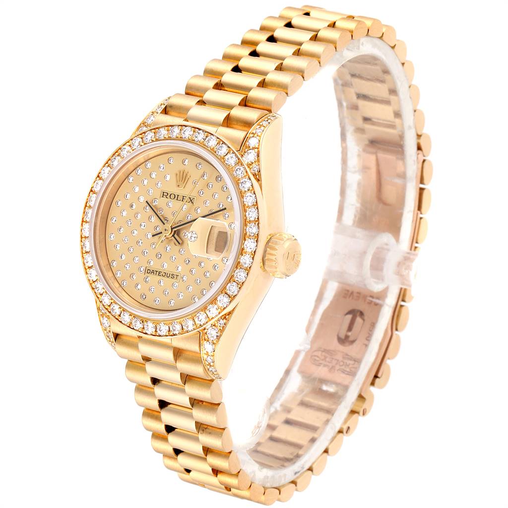 The Rolex President 69038 Women
s Yellow Gold Champagne Dial 69038 Women
s Yellow Gold Champagne Dial model watch is shown at a left-facing angle, displaying the dial, bezel, crown, and part of the bracelet.