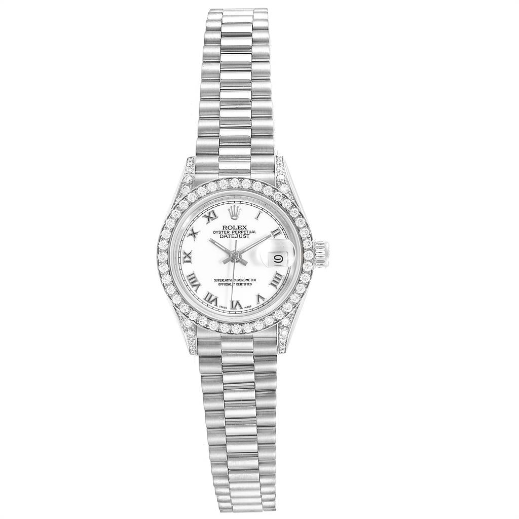 The Rolex President 69159 Women's White Gold White Dial 69159 Women's White Gold White Dial model watch is shown from a top-down angle, displaying the watch face, bezel, and full bracelet.