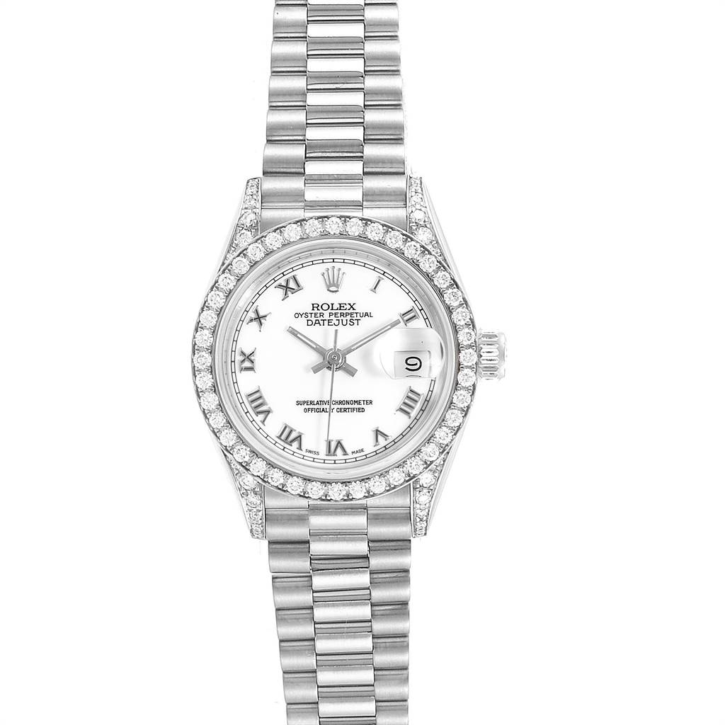 The Rolex President 69159 Women's White Gold White Dial 69159 Women's White Gold White Dial model watch is shown from a top-down angle, highlighting its face, bezel, and bracelet.