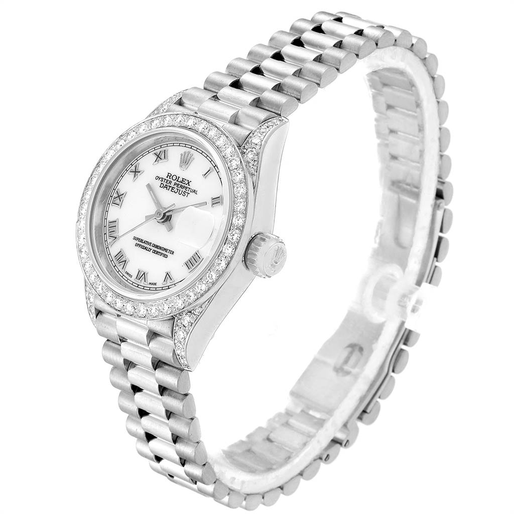 The image shows a Rolex President 69159 Women's White Gold White Dial 69159 Women's White Gold White Dial model watch, displaying the face, bezel, crown, and bracelet at a slight angle.