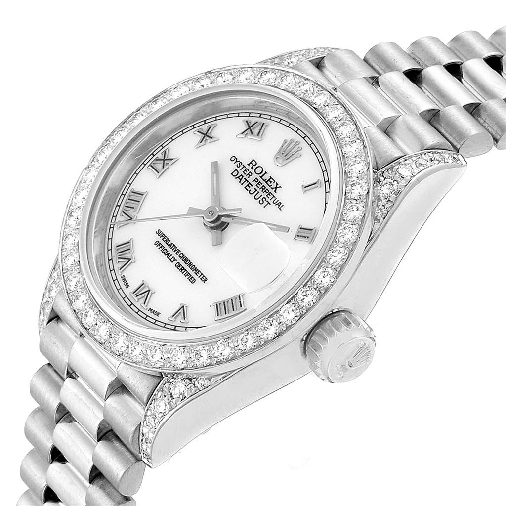 The image shows a Rolex President 69159 Women's White Gold White Dial 69159 Women's White Gold White Dial watch from a side angle, displaying the face, bezel, crown, and part of the bracelet.