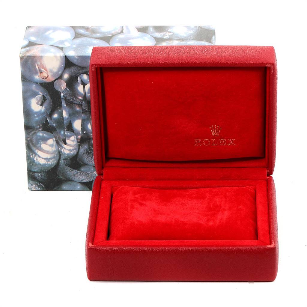 The image shows an open Rolex President 69158 Women's Yellow Gold Blue Dial 69158 Women's Yellow Gold Blue Dial model watch box with a red interior and an outer decorative box behind it.