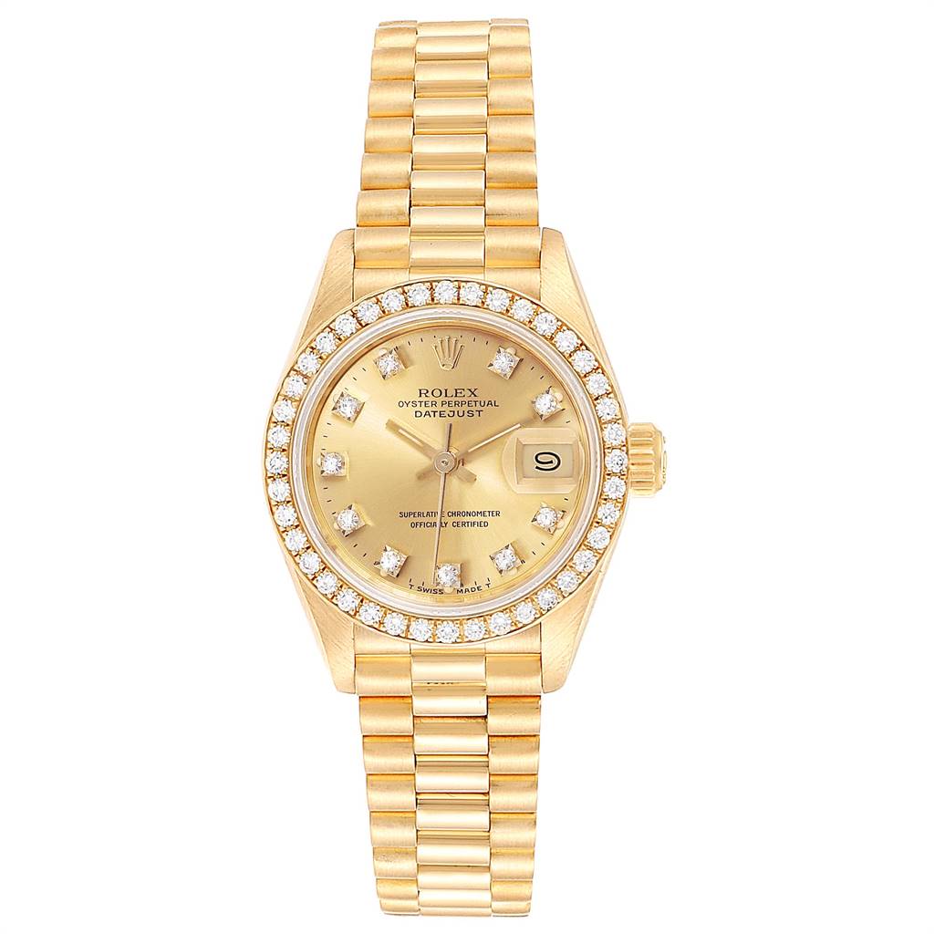 The image shows a Rolex President 69178 Women's Yellow Gold Champagne Dial 69178 Women's Yellow Gold Champagne Dial model watch from a front angle, highlighting the face, bezel, bracelet, and crown.
