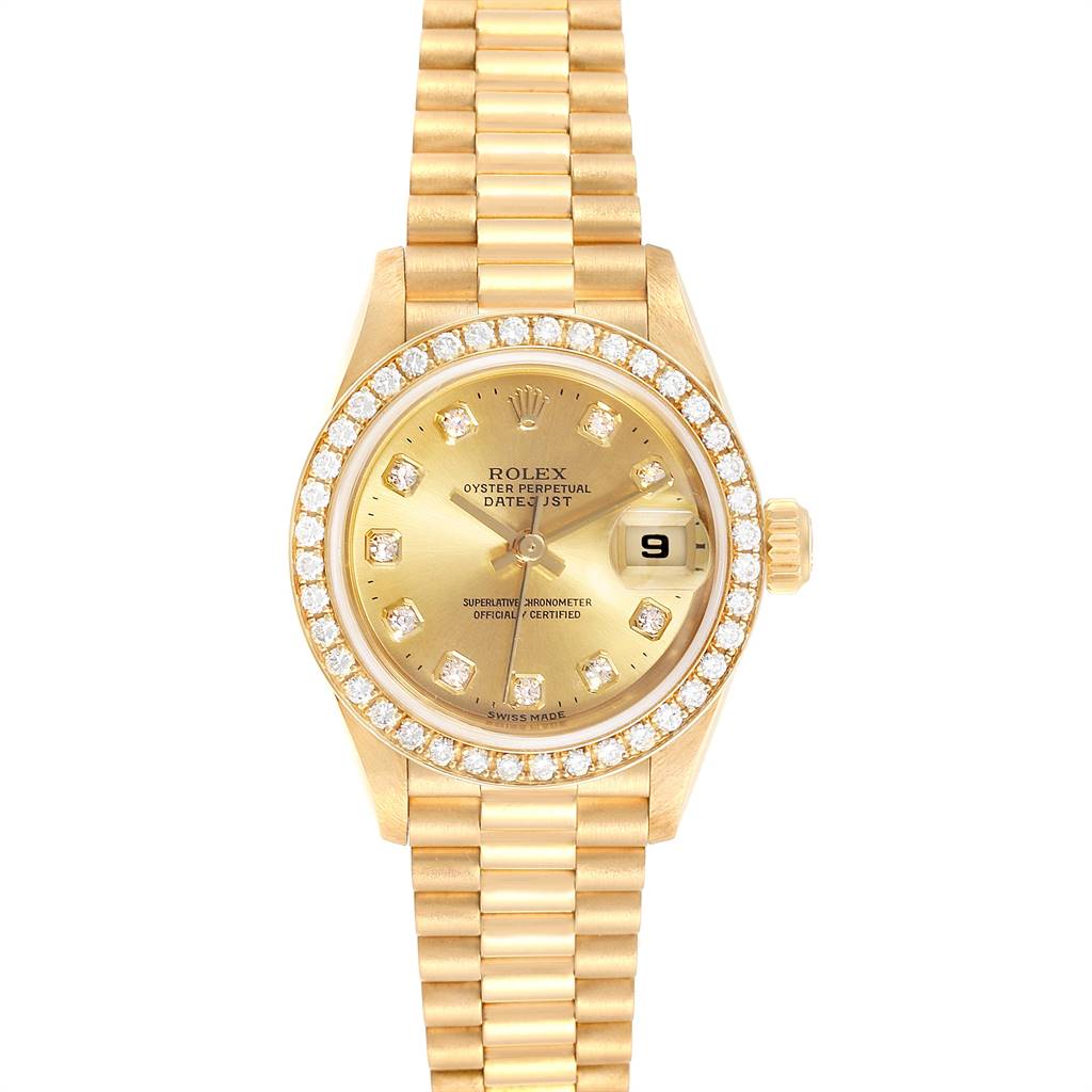 This image shows a Rolex President 69138 Women's Yellow Gold Champagne Dial 69138 Women's Yellow Gold Champagne Dial model watch from a straight-on view, highlighting the dial, bezel, and bracelet.