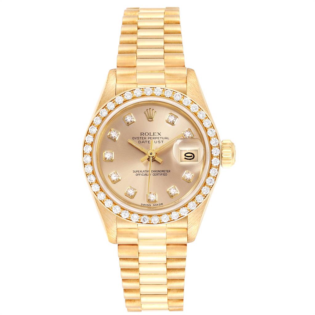 The image shows a front view of a Rolex President 69138 Women's Yellow Gold Champagne Dial 69138 Women's Yellow Gold Champagne Dial model watch, featuring a gold dial, diamond markers, and a gold bracelet.