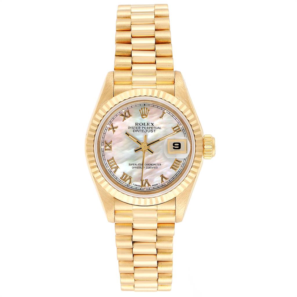 The image shows a front view of a Rolex President 69178 Women's Yellow Gold Mother of Pearl Dial 69178 Women's Yellow Gold Mother of Pearl Dial model watch, including the dial, bezel, and bracelet.
