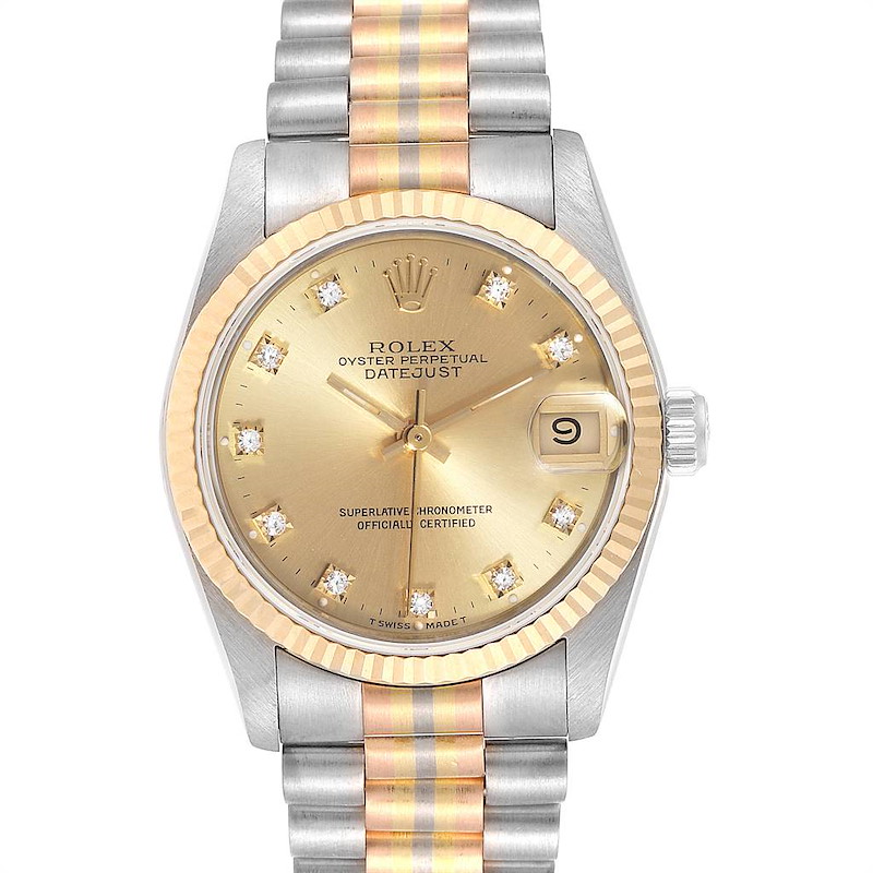 Rolex President Tridor Midsize White Yellow Rose Gold Diamond Watch 68279 SwissWatchExpo