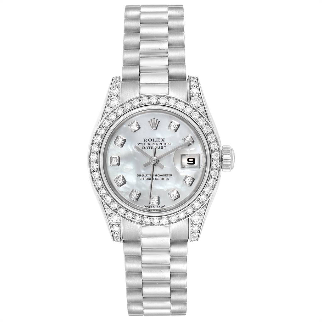 This image shows a front view of the Rolex President 179159 Women's White Gold Mother of Pearl Dial 179159 Women's White Gold Mother of Pearl Dial model watch, displaying the face, bezel, and bracelet.