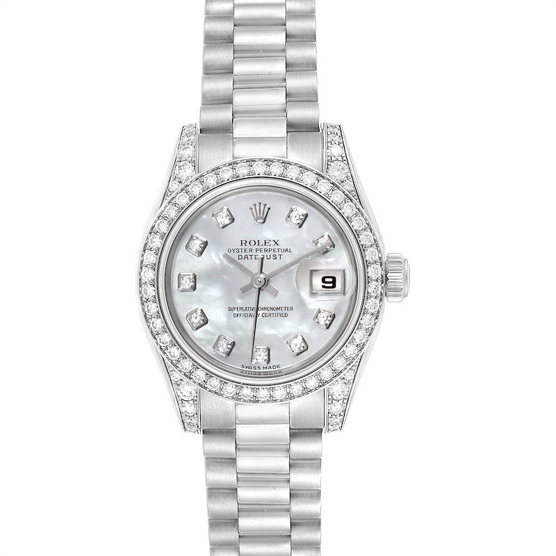 Rolex President Ladies 18K White Gold Diamond Lugs Watch 179159 SwissWatchExpo