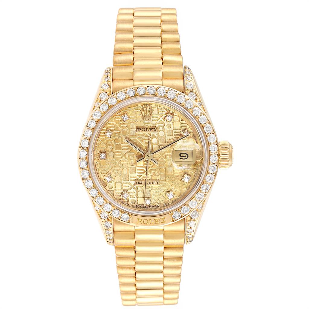 The Rolex President 69158 Women's Yellow Gold Champagne Dial 69158 Women's Yellow Gold Champagne Dial model watch is shown from a front angle, displaying its gold bracelet, diamond-studded bezel, and patterned dial with date.