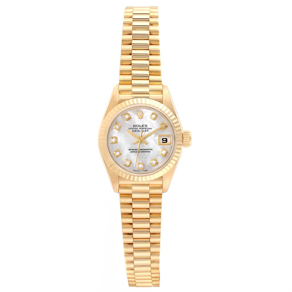 This image shows a front view of a Rolex President 69178 Women's Yellow Gold Mother of Pearl Dial 69178 Women's Yellow Gold Mother of Pearl Dial model watch, displaying its dial, bracelet, and crown.