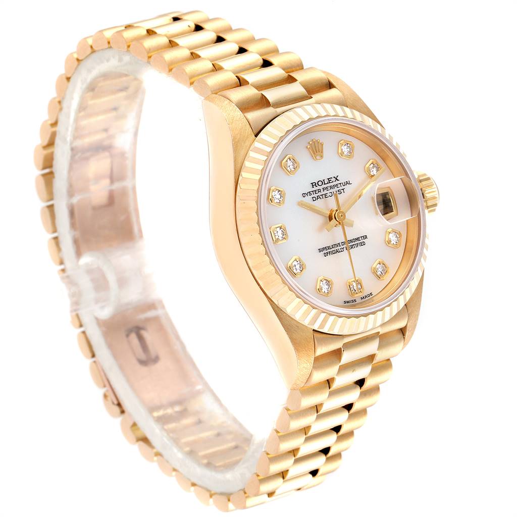 This image shows a Rolex President 69178 Women's Yellow Gold Mother of Pearl Dial 69178 Women's Yellow Gold Mother of Pearl Dial model watch, angled to display the dial, bezel, and part of the bracelet.