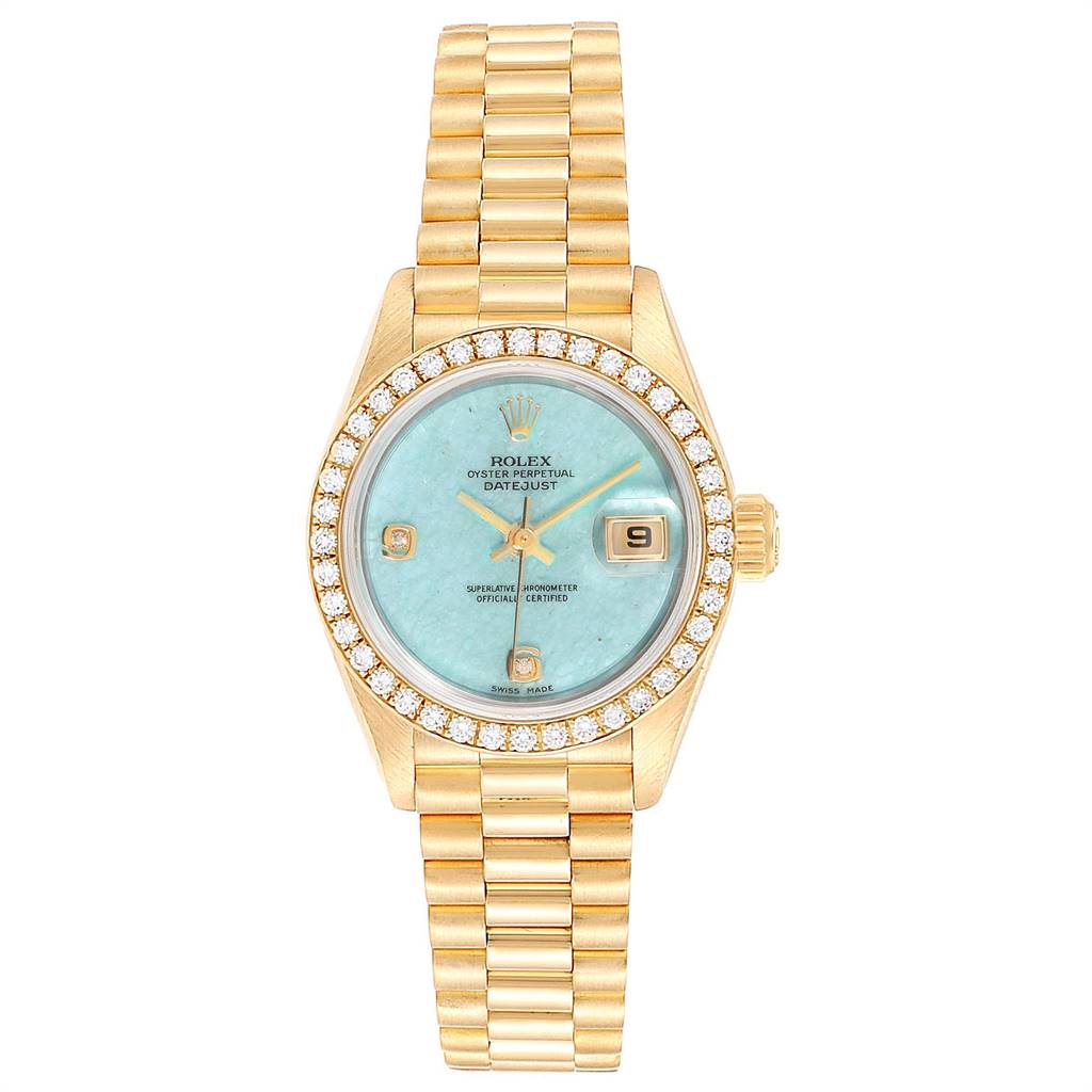 The image shows a front view of a Rolex President 69178 Women's Yellow Gold Blue Dial 69178 Women's Yellow Gold Blue Dial model watch, highlighting its face, bezel, and bracelet.