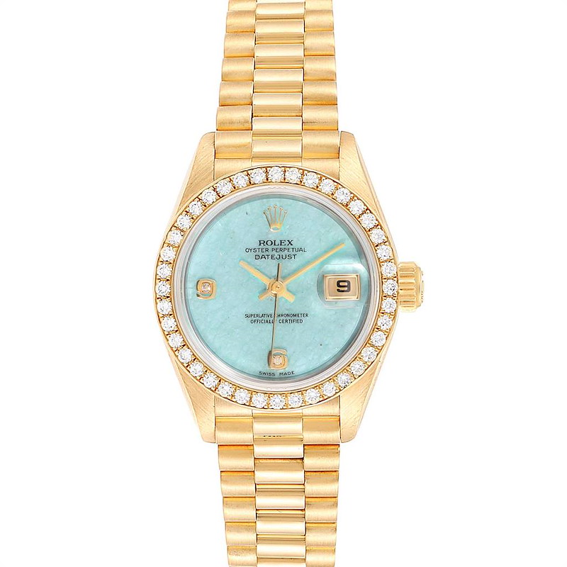 Rolex President Yellow Gold Blue Jadeite Diamond Ladies Watch 69178 Box Papers SwissWatchExpo