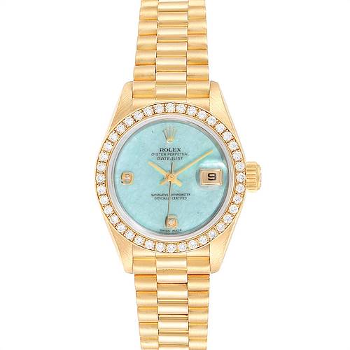 Photo of Rolex President Yellow Gold Blue Jadeite Diamond Ladies Watch 69178 Box Papers