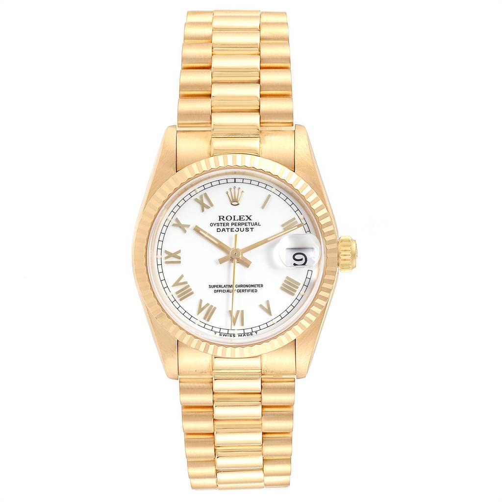 The image shows a frontal view of a Rolex President 68278 Women's Yellow Gold White Dial 68278 Women's Yellow Gold White Dial model watch, highlighting its gold bracelet, white dial, and date window.