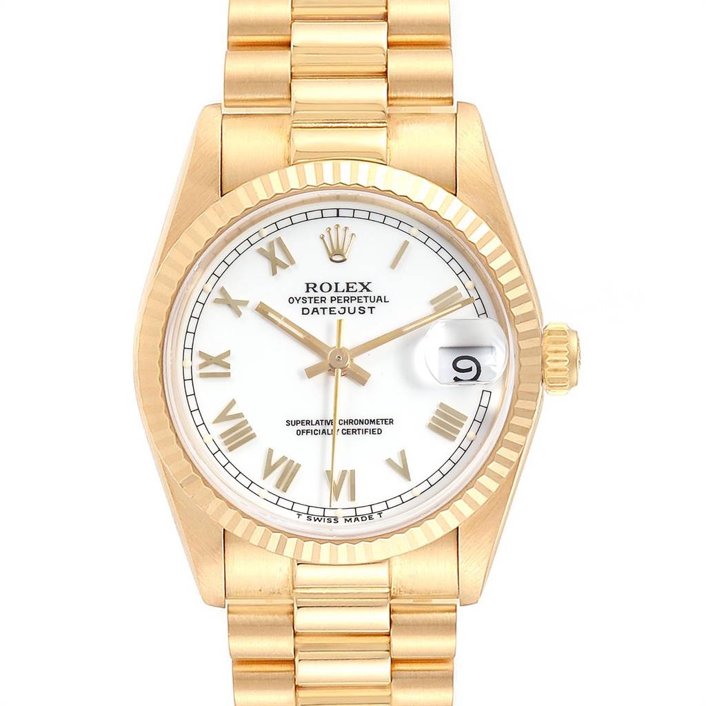 The image shows a front view of a Rolex President 68278 Women's Yellow Gold White Dial 68278 Women's Yellow Gold White Dial model watch with a gold case, bracelet, and a white Roman numeral dial.