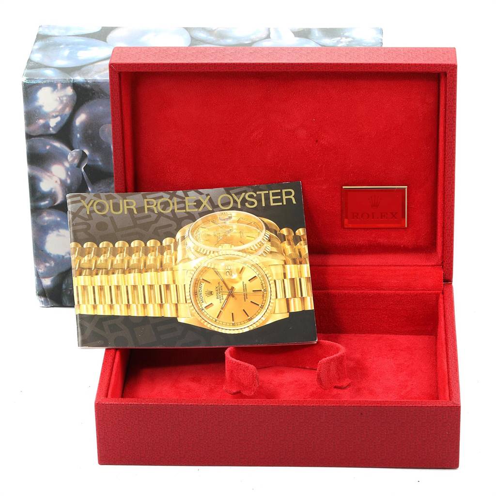 The image shows the packaging and booklet for a Rolex President 68278 Women's Yellow Gold White Dial 68278 Women's Yellow Gold White Dial model watch, with the watch box open and empty.