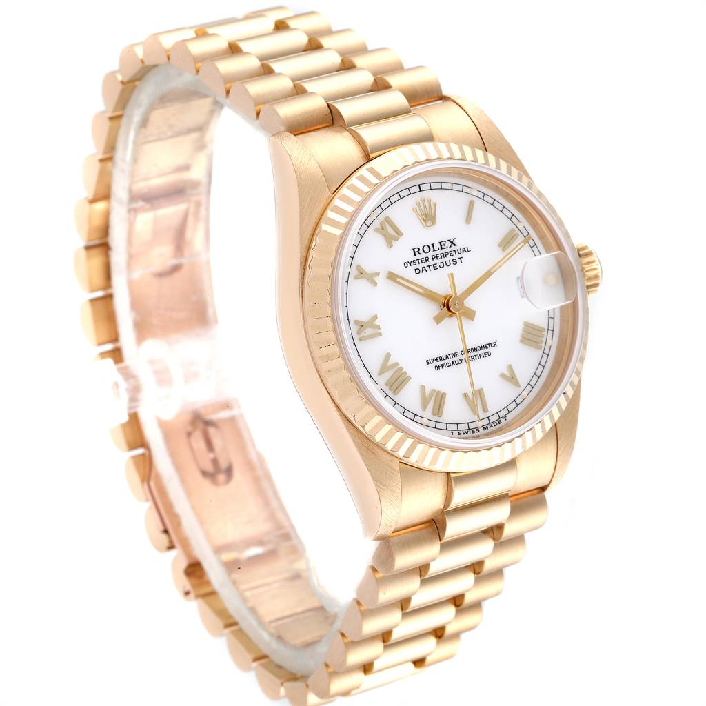 The Rolex President 68278 Women's Yellow Gold White Dial 68278 Women's Yellow Gold White Dial model watch is shown at a slight angle, displaying the gold bracelet, white dial, and fluted bezel.