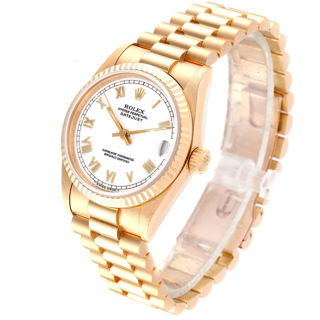 This image shows a Rolex President 68278 Women's Yellow Gold White Dial 68278 Women's Yellow Gold White Dial Datejust watch, angled to display the face, crown, and gold bracelet.