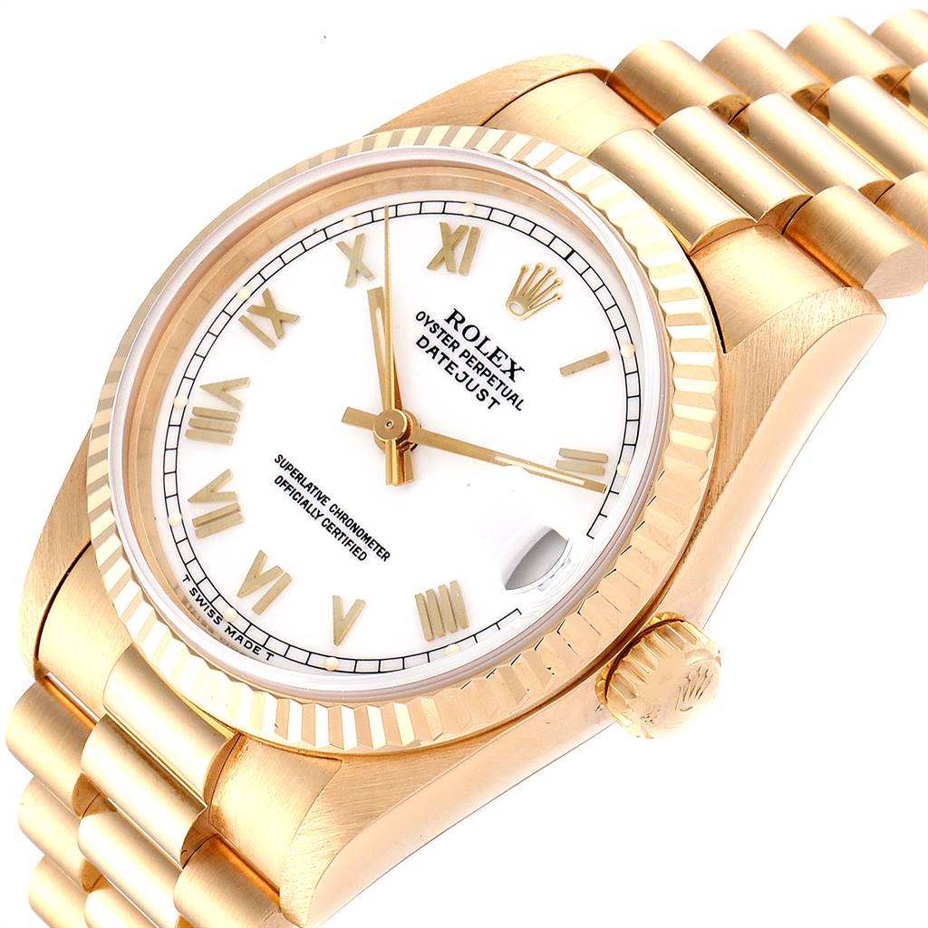 The image shows a Rolex President 68278 Women's Yellow Gold White Dial 68278 Women's Yellow Gold White Dial model watch at a slight angle, displaying the face, bezel, crown, and part of the bracelet.