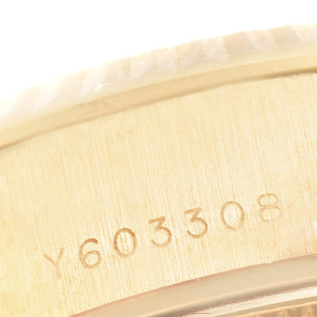The image shows a close-up angle of the Rolex President 79178 Women's Yellow Gold Champagne Dial 79178 Women's Yellow Gold Champagne Dial model, focusing on the engraved reference number on the watch case.