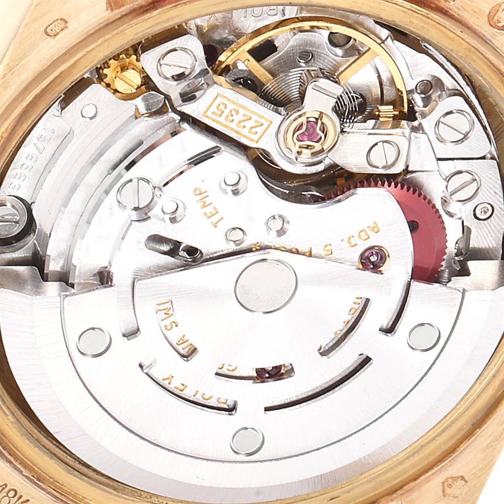 This close-up image shows the intricate mechanical components of the movement inside the Rolex President 79178 Women's Yellow Gold Champagne Dial 79178 Women's Yellow Gold Champagne Dial model watch.